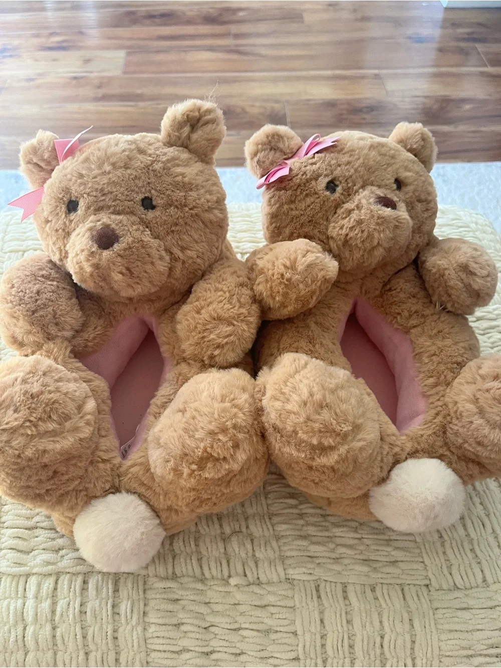 Brown Teddy Bear Plush Kids Slippers with Pink Bow - Soft Indoor Toy Shoes